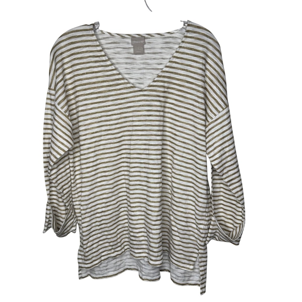 Chicos‎ Womens Striped V Neck Long Sleeve Metallic Gold Lined Blend Top Size 1 M
